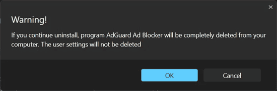 Скриншот предупреждающего окна, в котором пользователю предлагается нажать кнопку 'ОК' для подтверждения продолжения расширенного процесса удаления AdGuard
