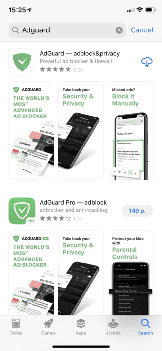 Скриншот, показывающий найденную программу Adguard в App Store